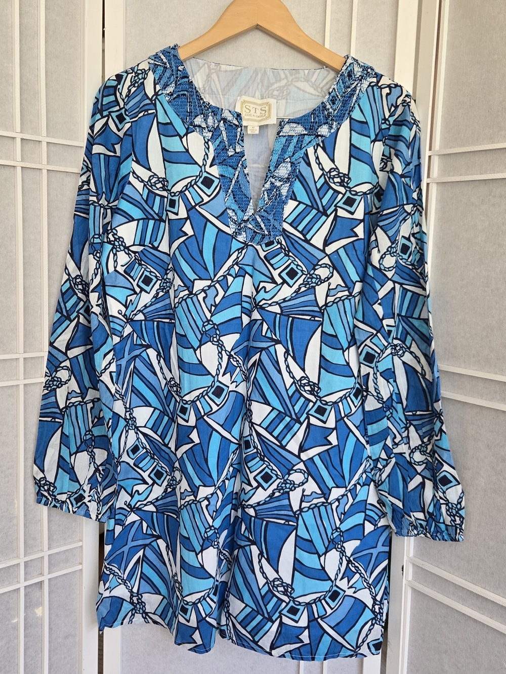 Sail to Sable Blue White Multi-Print Smocked V-Neck Tunic Dress